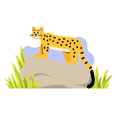 An ocelot standing on a large rock with its body low to the ground, displaying a protective stance. Its fur is a mixture of golden yellow and dark spots, blending into the surrounding foliage. The ocelot's ears are perked up, and its eyes are focused, scanning the area for intruders. Around the rock, tall green grasses and small shrubs create a natural border, enhancing the sense of territory. A clear blue sky is visible in the background, contrasting with the lush greenery.