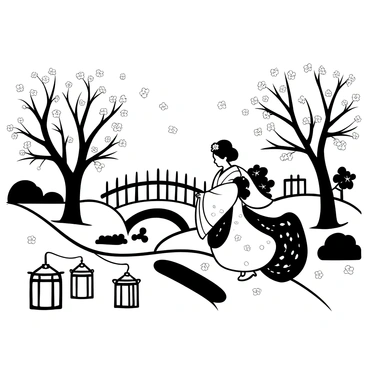 A geisha dressed in an ornate kimono is walking gracefully along a stone path in a traditional Japanese garden. Cherry blossom trees with intricate branches surround her, with petals gently falling to the ground. A serene koi pond with a small wooden bridge crossing over it adds to the scene. Lanterns made of stone line the path, providing subtle illumination. A backdrop of neatly trimmed bushes and flowering plants complements the tranquil atmosphere.