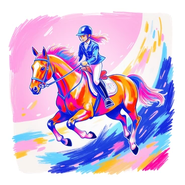 A horse with a shiny chestnut coat is leaping gracefully through the air. The rider, wearing a fitted riding jacket and a helmet, is positioned upright in the saddle, with reins held firmly in hand. The background features abstract curves that suggest motion, highlighting the elegance of the jump. The horse's mane flows dynamically in the wind, and its powerful legs are extended beneath it. The rider's expression is focused and determined, showcasing the bond between horse and rider in this thrilling moment.