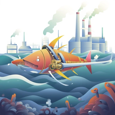 A mechanical swordfish with brass and copper plating glides through an industrial ocean. Its elongated body features intricate gears and tubes, with steam billowing from vents along its sides. The swordfish's long, metallic bill is sharp and gleaming, designed for cutting through the water. In the background, dark waves churn with hints of rust and oil, reflecting the muted colors of a cloudy sky. Large, ominous factories with smokestacks rise above the surface, spewing smoke that mingles with the fog. Clusters of gears and pipes protrude from the ocean floor, adding to the mechanical theme of this underwater world.