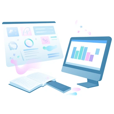 A notebook filled with various doodles is placed next to a computer. The computer screen displays a bilan chart with clear sections and labeled data points. The notebook is slightly open, revealing colorful sketches and notes. The workspace has a simple, organized layout that emphasizes productivity and creativity.