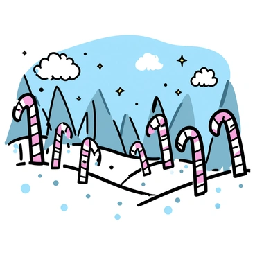 A magical forest where candy canes grow like trees amid sparkling snow
