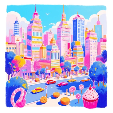A bustling cityscape features towering buildings made entirely of layered cakes and cupcakes. The skyscrapers are designed with various frosting colors, showcasing vibrant hues of pink, blue, and yellow. Some buildings are adorned with candy decorations, while others have icing details that resemble architectural features. The streets below are filled with tiny cars and people, adding a sense of scale to the scene. In the foreground, a park is visible, with oversized lollipops and cookie benches scattered throughout. The sky is bright, enhancing the cheerful atmosphere of this dessert-themed city.