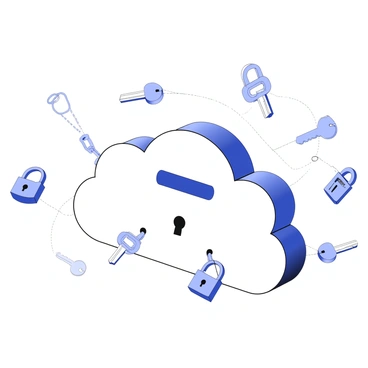 A digital cloud is positioned at the center of the image, displaying a series of padlocks attached to it, symbolizing security. Surrounding the cloud are various keys, some shown hanging from chains, others positioned in a way that suggests they are unlocking the locks on the cloud. The keys and locks are designed to appear modern and sleek, representing advanced technology. Additionally, faint lines may be drawn connecting the keys to the cloud, emphasizing the concept of data protection for KYC (Know Your Customer) processes.