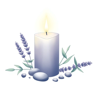 A lit candle sits at the center of the image. The candle is cylindrical in shape and has a smooth surface with a flickering flame at the top. Surrounding the candle are sprigs of lavender, their delicate flowers and green leaves forming a natural arrangement. Scattered around the base of the candle are several small stones of various shapes and sizes, adding texture to the composition. The overall setting conveys a sense of calm and tranquility, emphasized by the warm light of the candle.