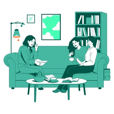 A teal living room features a large, comfortable couch where a group of friends is seated. One friend is holding a white teacup while animatedly discussing a book. Another friend leans forward, looking intrigued, with a white book open on their lap. The third friend is smiling, sipping from a teal teapot placed on a wooden coffee table in front of them. Surrounding the couch, tall white bookshelves are filled with various books, and a warm orange light is glowing from a nearby lamp, adding to the cozy atmosphere. A few framed pictures hang on the walls, contributing to the inviting ambiance.