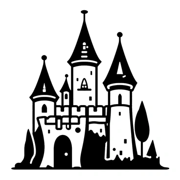 A whimsical fairytale castle perched atop a hill, featuring tall, pointed towers and intricate architectural details, surrounded by lush greenery and trees. The castle's walls are adorned with elaborate pen-and-ink embellishments, showcasing windows with delicate patterns and ornate doorways.