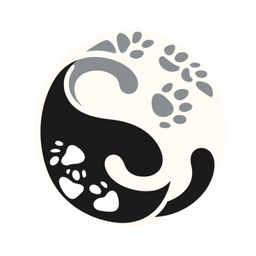 A circular tattoo featuring a "yin-yang" symbol. One side of the symbol is composed of black cat paw prints, while the other side showcases white paw prints. The tails of the cats curve gracefully around the design, intertwining with the paw prints. The overall appearance is bold and playful, emphasizing the contrasting colors and shapes of the cat prints and tails. The tattoo is set against a clean, soft background to highlight its intricate details.