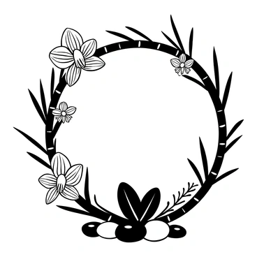 A wreath made of intertwined bamboo stalks forming a circular shape, with small orchids placed delicately throughout. Smooth pebbles are scattered around the base of the wreath, adding texture. There are several tiny ferns peeking out between the bamboo and orchids. The bamboo features distinct nodes and a textured surface, while the orchids have intricate petals with defined patterns. The overall composition is balanced and harmonious, conveying a sense of peace and tranquility.