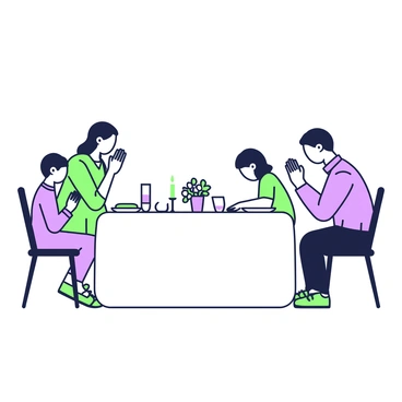 A family of four is gathered around a rectangular dinner table. Each family member, consisting of two adults and two children, is holding hands and bowing their heads in prayer. The adults are seated at the ends of the table, while the children are positioned on either side. The table is set with plates, utensils, and glasses, all neatly arranged. In the center of the table, there is a lit candle and a small vase with flowers. The atmosphere is reflective and respectful, highlighting the family’s unity and shared moment of gratitude.