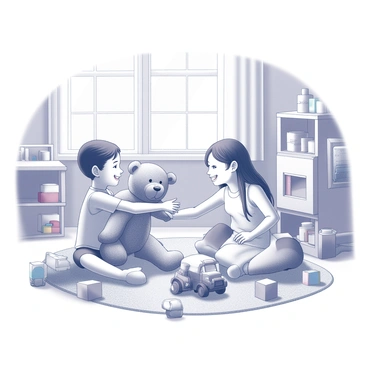 A playroom filled with colorful toys scattered across the floor. Two children are engaged in play, one boy and one girl, both smiling as they share a large, plush teddy bear. The boy is reaching out, handing a toy truck to the girl, who is sitting cross-legged with a joyful expression. Around them, there is a variety of toys, including building blocks, stuffed animals, and a play kitchen. Light streams in through a window, illuminating their happy faces as they interact with each other in a spirit of cooperation.