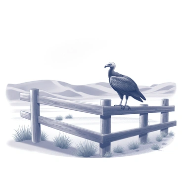 A turkey vulture is perched on an old, weathered wooden fence. The vulture has its wings slightly spread, showcasing its dark feathers. The fence is rustic, with splintered wood and a few nails visible, leaning slightly as if aged by time and weather. In the background, a vast desert landscape stretches out, featuring rolling sand dunes and sparse vegetation. The sky above is clear and expansive, emphasizing the arid environment surrounding the scene.