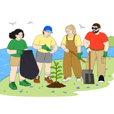 A diverse team of four people working together on a riverbank. The first person, a woman with curly black hair, wearing a green t-shirt and gloves, is collecting plastic waste into a large black trash bag. The second person, a man with light brown hair wearing a blue cap and shorts, is digging a small hole in the ground to plant a native sapling. The third person, a woman with straight blonde hair in a ponytail, wearing a yellow tank top and overalls, is carefully placing a young plant into the hole. The fourth person, a man with a beard and sunglasses, wearing a red shirt and cargo pants, is using a shovel to clear away debris. The river is visible in the background, sparkling in the sunlight, with a few birds flying overhead. The area around them has patches of green grass and small rocks, creating a vibrant scene of teamwork and environmental restoration.