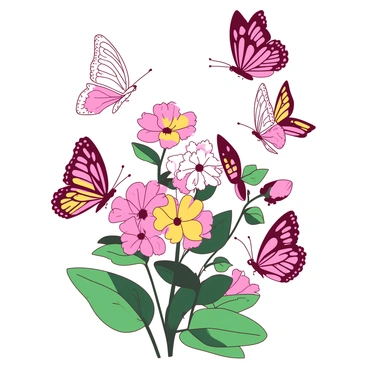 A swarm of colorful butterflies fluttering around blooming flowers