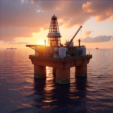 An offshore oil rig with a sturdy metal structure, featuring multiple platforms and large storage tanks. It is situated on the water, surrounded by gentle waves. The setting sun casts a warm golden light, illuminating the rig and creating long shadows on the water's surface. The sky is filled with vibrant hues of orange, pink, and purple as the day transitions to night. In the background, faint silhouettes of distant ships can be seen on the horizon.