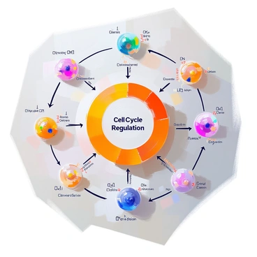 A diagram illustrating the complex network of proteins that regulate the cell cycle. The central focus is on a large circle labeled "Cell Cycle Regulation," surrounded by various proteins represented as smaller circles and arrows showing their interactions. There are proteins such as "Cyclins," "Cyclin-Dependent Kinases (CDKs)," and "Checkpoint Proteins," each connected with directional arrows indicating activation or inhibition. Additionally, the diagram includes key phases of the cell cycle: "G1," "S," "G2," and "M," with lines connecting relevant proteins to their respective phases. Text boxes provide brief descriptions of each protein's function within the cycle. The layout is organized and clearly shows the relationships between the proteins and the stages of the cell cycle.