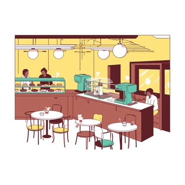 A small cafe with warm yellow walls is nestled inside a subway station. The cafe has a wooden counter with an array of baked goods displayed under a glass case. A teal coffee machine sits prominently on the counter, ready to prepare drinks for customers. There are a few small tables with colorful chairs spread around, where people sit enjoying their beverages. Above the tables, the ceiling displays large, softly glowing lights that enhance the cozy atmosphere. The subway tracks are visible in the background, adding context to the urban setting.