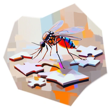 A jigsaw puzzle laid out on a wooden table, showcasing various parts of a mosquito's anatomy. The pieces include a detailed image of the mosquito's wings, a close-up of its proboscis, and segments of its legs and body. The puzzle pieces are colorful, featuring intricate patterns and textures that represent the anatomy accurately. Some pieces are connected while others are scattered around, hinting at an ongoing assembly process. The setting is well-lit, allowing the viewer to see the fine details of each puzzle piece clearly.