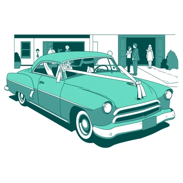 A teal vintage car is parked elegantly outside a wedding venue, adorned with white flowers tied to the side mirrors and a white ribbon gracefully draped across the hood. The car's chrome details gleam in the sunlight, and its classic shape exudes charm. In the background, there is a small gathering of guests mingling and taking photos, while a white aisle runner leads from the venue doors to the car. The atmosphere is festive, signaling the anticipation of the bride and groom's departure.