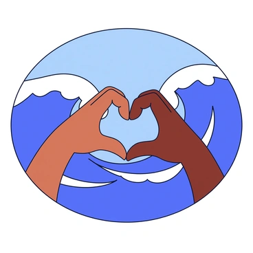 Two hands are positioned to form a heart shape. The hands are of different skin tones, showcasing diversity. Behind the hands, large crashing waves create a dynamic scene. The waves have a bright blue color with white frothy crests. The sky above is a clear blue, providing a vibrant contrast to the ocean scene.