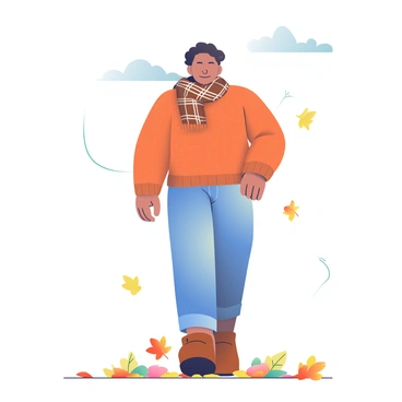 An individual is walking through a carpet of colorful, falling leaves. They are wearing a chunky knit sweater in warm tones of orange and brown, paired with a plaid scarf wrapped around their neck. Their jeans are slightly cuffed at the ankles, revealing brown ankle boots. The scene captures leaves in shades of red, yellow, and gold swirling around them as a gentle breeze stirs the air. The sky above is clear, with a soft blue hue, and a few wispy white clouds are scattered in the distance.