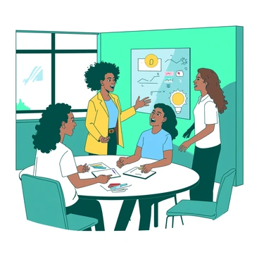 A teal conference room is filled with several women engaged in animated discussions. One woman with curly hair wearing a yellow blazer is excitedly gesturing with her hands while speaking to another woman in a white dress standing nearby. In the center of the room, a round white table is covered with notepads and colorful pens, where another woman in a blue top is taking notes. The walls are adorned with vibrant posters reflecting various ideas and concepts. A large window allows natural light to fill the space, highlighting the enthusiasm of the attendees.