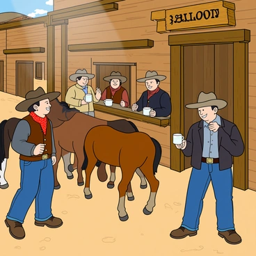 A dusty desert town features a rustic saloon with wooden doors swinging open. Inside, a group of cowboys dressed in denim jeans and wide-brimmed hats gather around a polished bar. One cowboy has a brown vest and a red bandana, while another wears a dark jacket with leather gloves. They are laughing and chatting, each holding a mug of frothy drinks. Several horses are tied outside the saloon, their reins hanging loosely. The saloon's wooden sign sways gently in the warm breeze, reading “Saloon” in bold letters. Sunlight streams through the open doors, casting shadows on the wooden floor. The atmosphere is lively, capturing the spirit of the old West.