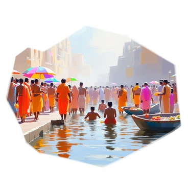 A large gathering of pilgrims at a ghat in Haridwar, preparing for a holy dip in the sacred river Ganges. The scene is filled with men and women of various ages, dressed in traditional attire, some wearing brightly colored sarees and dhotis. Many are holding religious symbols and flowers as offerings. The ghat is bustling with activity, with people walking along the steps leading down to the water. Some pilgrims are already submerged in the river, while others are waiting for their turn. The sacred river flows gently, reflecting the early morning light, and there are small boats nearby, adding to the atmosphere of devotion and spirituality.