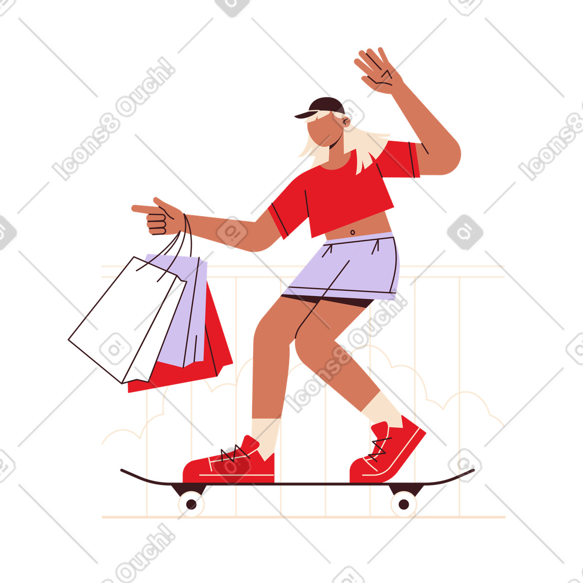 Ilustração de Menina andando skate com sacolas compras na mão em no estilo Folks para baixar em PNG, SVG