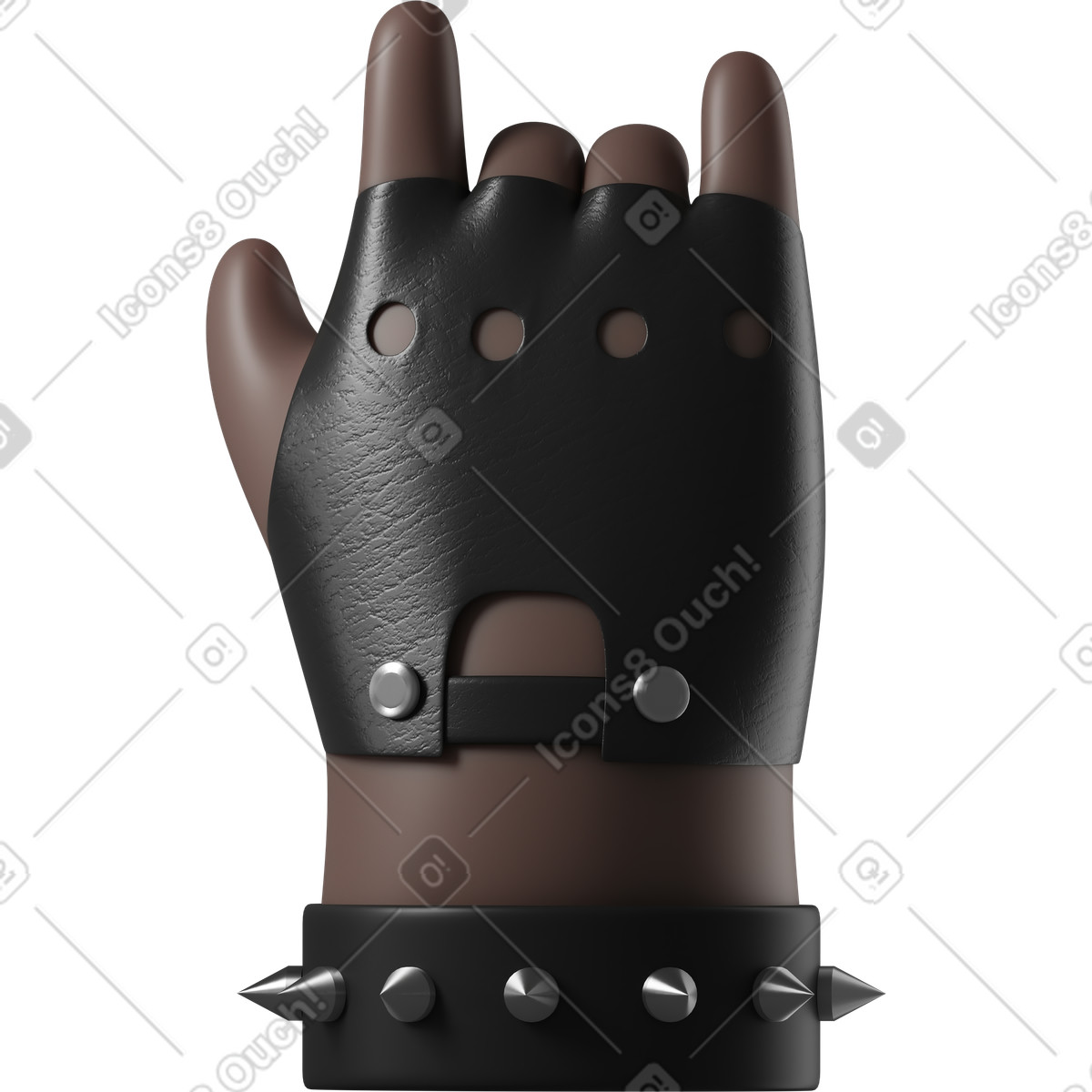 Ilustración Mano de rockero con pulsera cuero que muestra un signo rock en estilo 3D Hands Fun&Wild a descargar en PNG y SVG