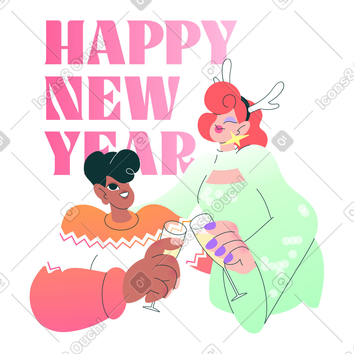 Florid 스타일의 Two friends toasting champagne at New Year's party, Holiday celebration 일러스트레이션 PNG, SVG 다운로드