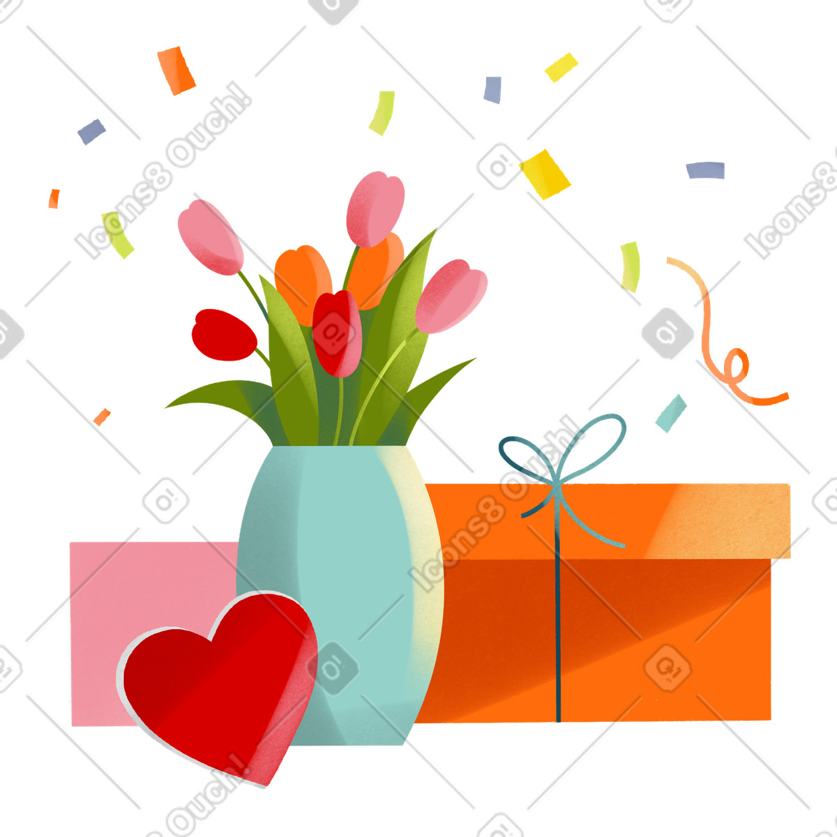 Ilustración Bouquet of flowers and boxes gifts for valentine's day en estilo Shine a descargar en PNG y SVG
