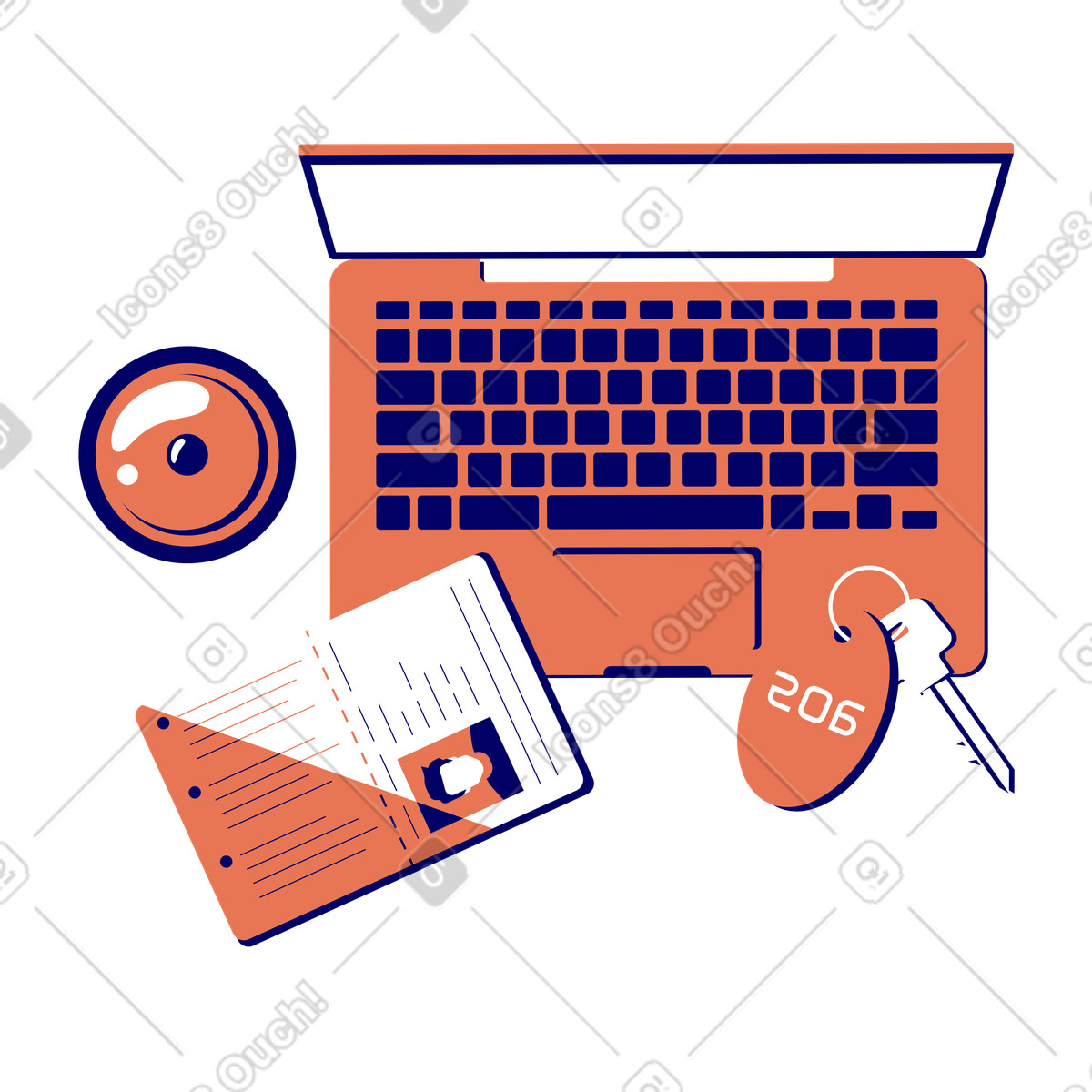Postazione di lavoro alla reception dell'hotel con computer portatile, chiave della camera e passaporto illustrazione in stile Lounge scarica in PNG, SVG