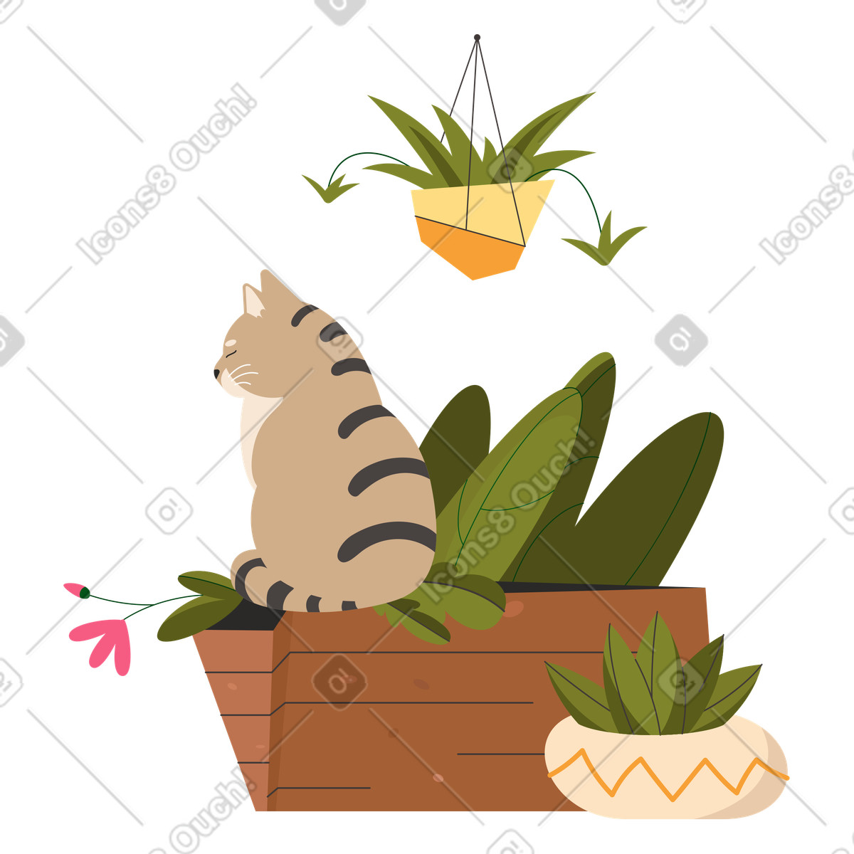 Illustration Le chat rayé est assis dans une boîte et froisse les plantes style Dizzy à télécharger aux formats PNG, SVG