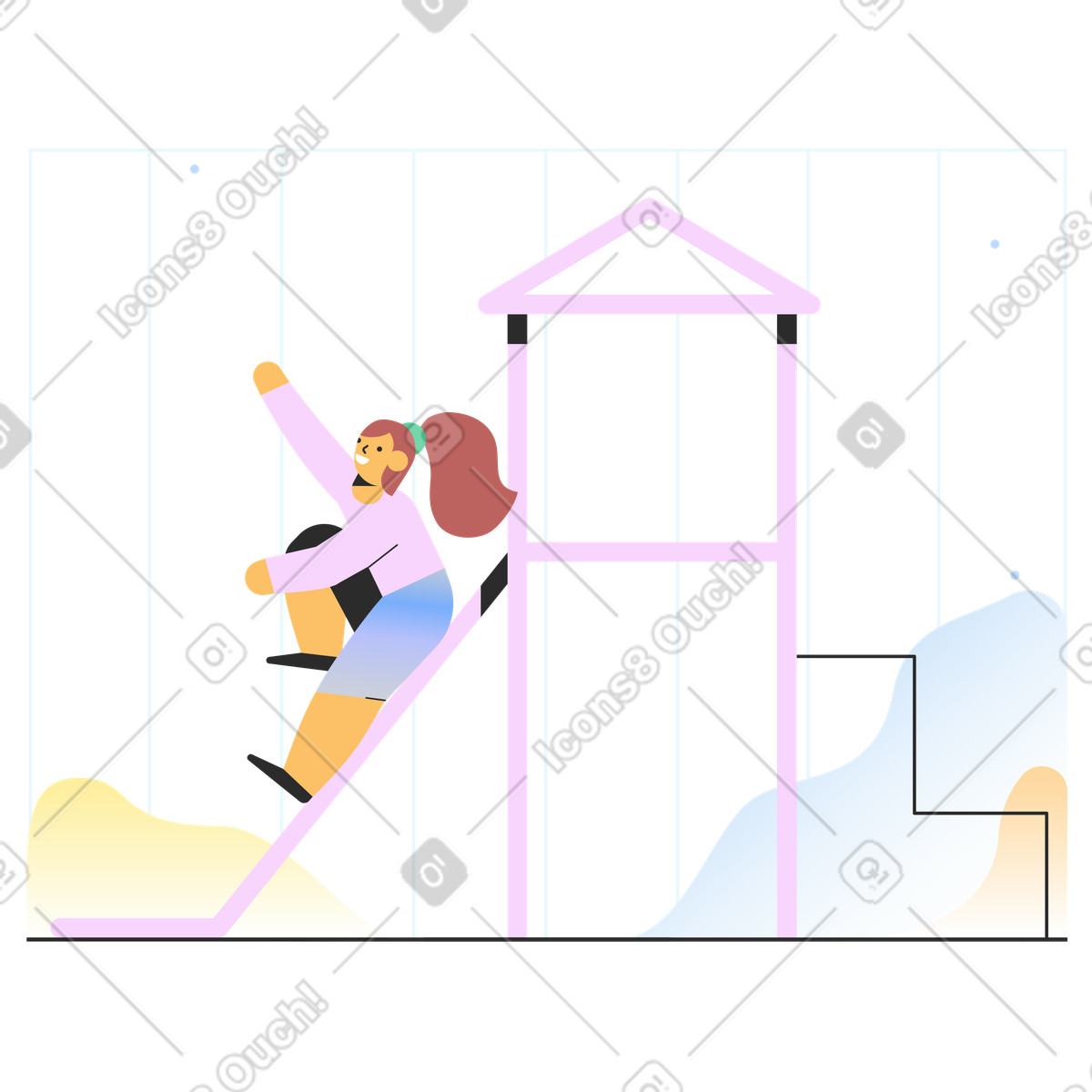 Mädchen, das auf dem spielplatz spielt-Illustration im Marginalia-Stil als Download in PNG, SVG
