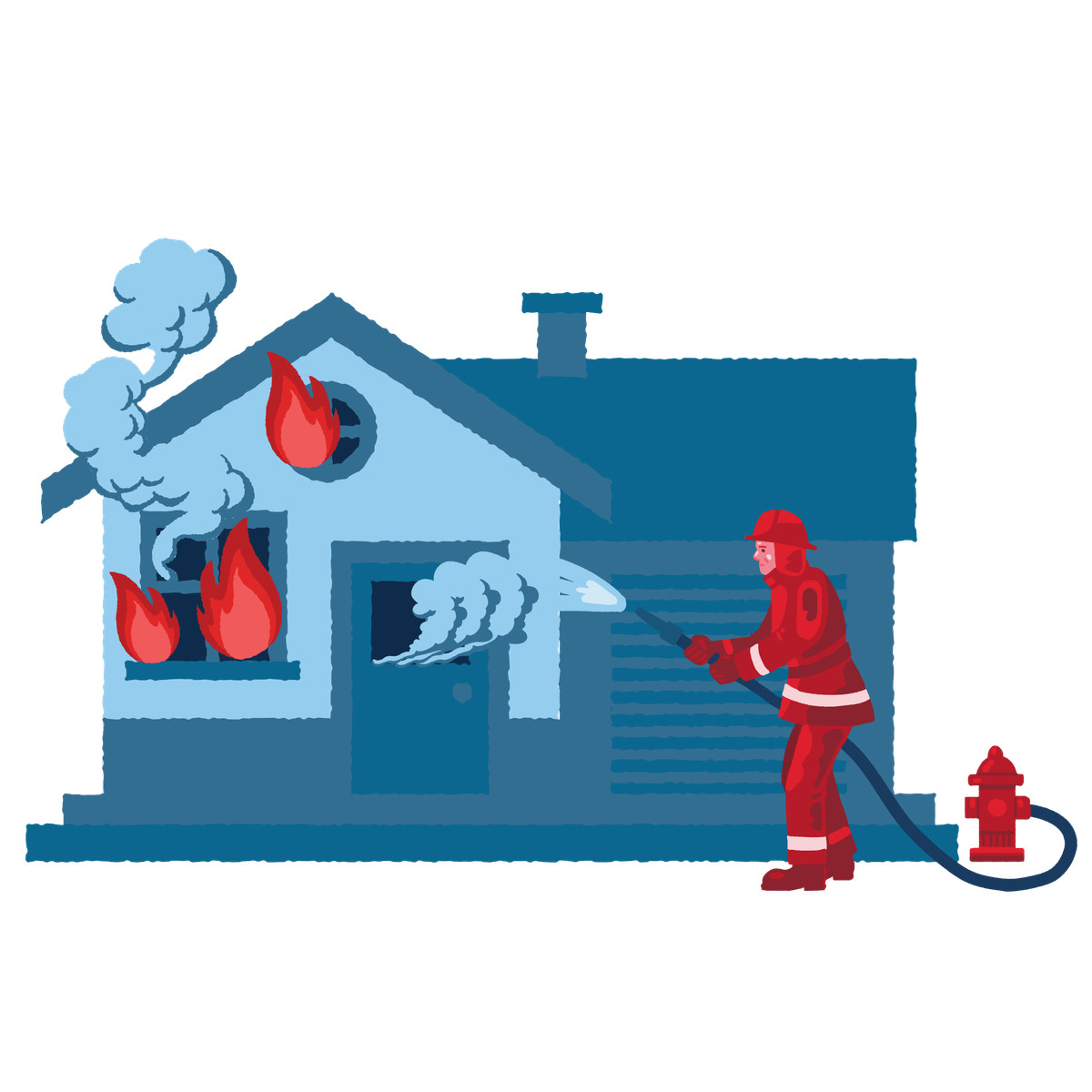 Firefighter extinguishing fire in a burning house-Illustration im Cherry-Stil als Download PNG, SVG