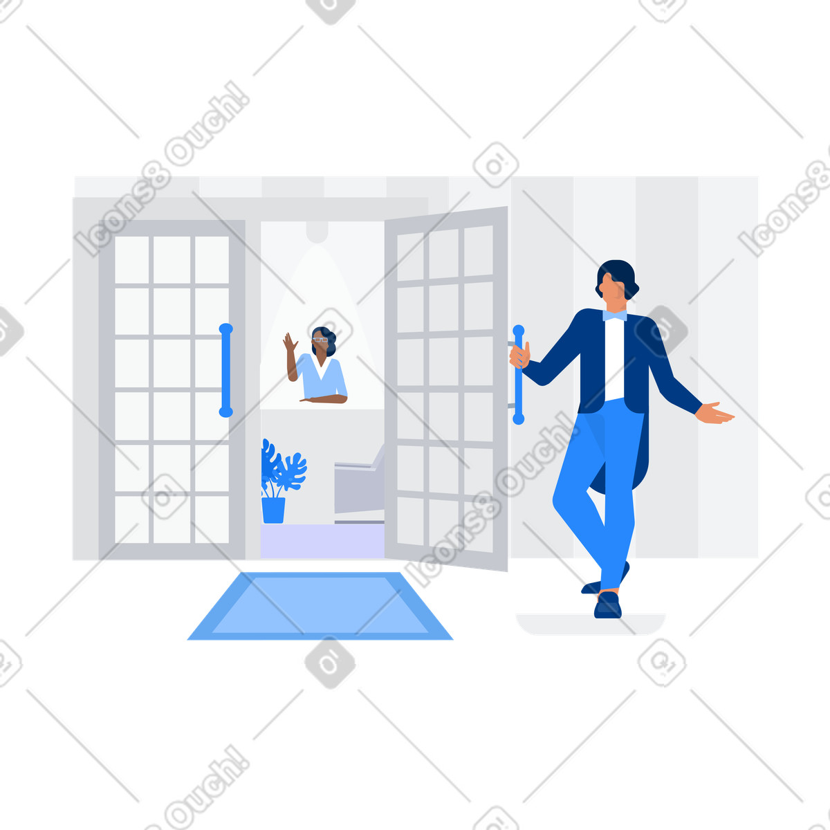 Illustration Open lobby doors with staff greeting inside, Welcome or hospitality service dans le style Urban à télécharger aux formats PNG, SVG