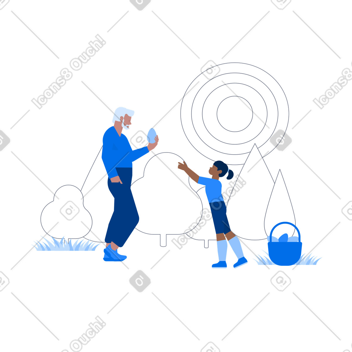 Family collecting eggs outdoors, Easter egg hunt activity illustrazione in stile Urban scarica in PNG, SVG