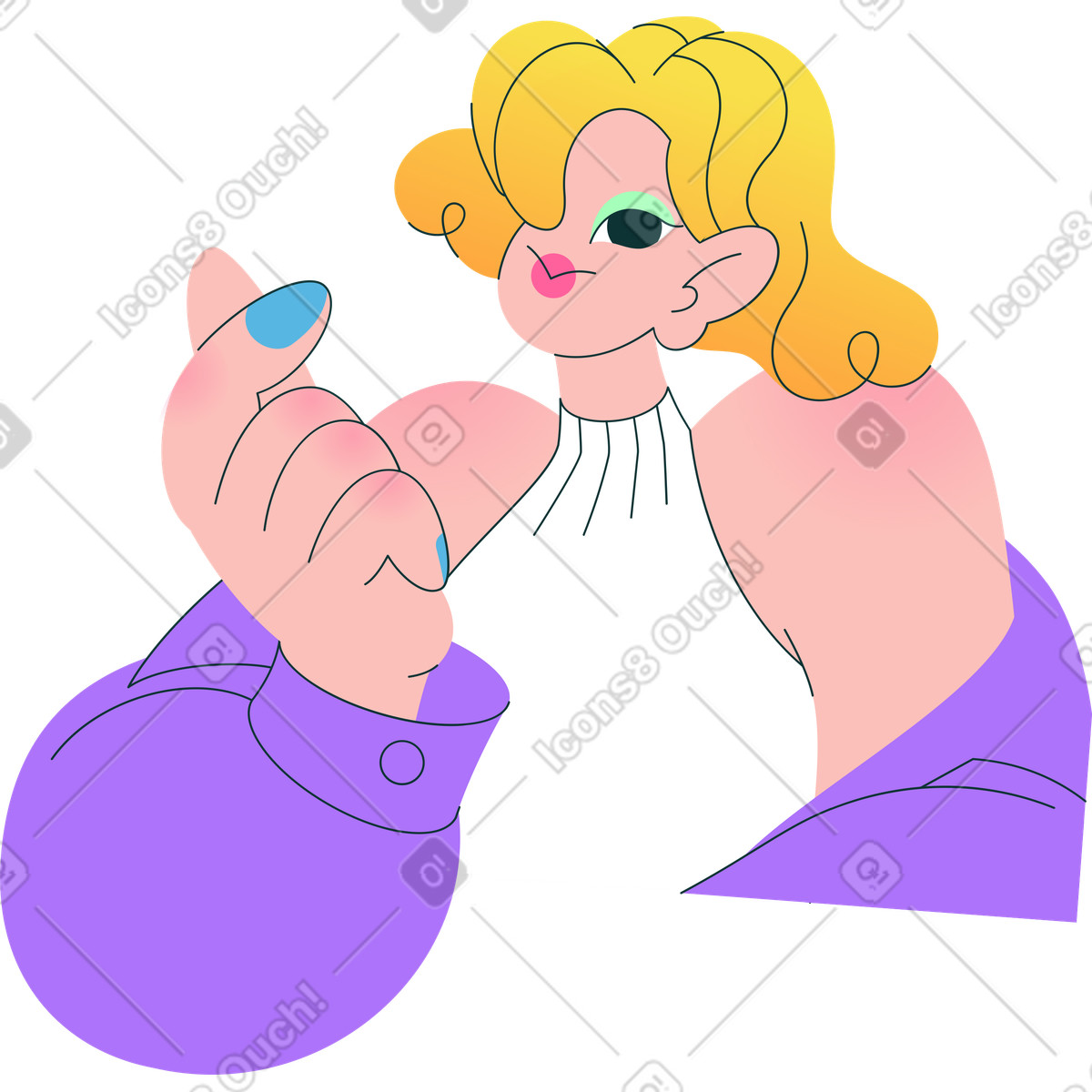 Giovane donna sorridente che fa il gesto del cuore dito illustrazione in stile Florid scarica in PNG, SVG