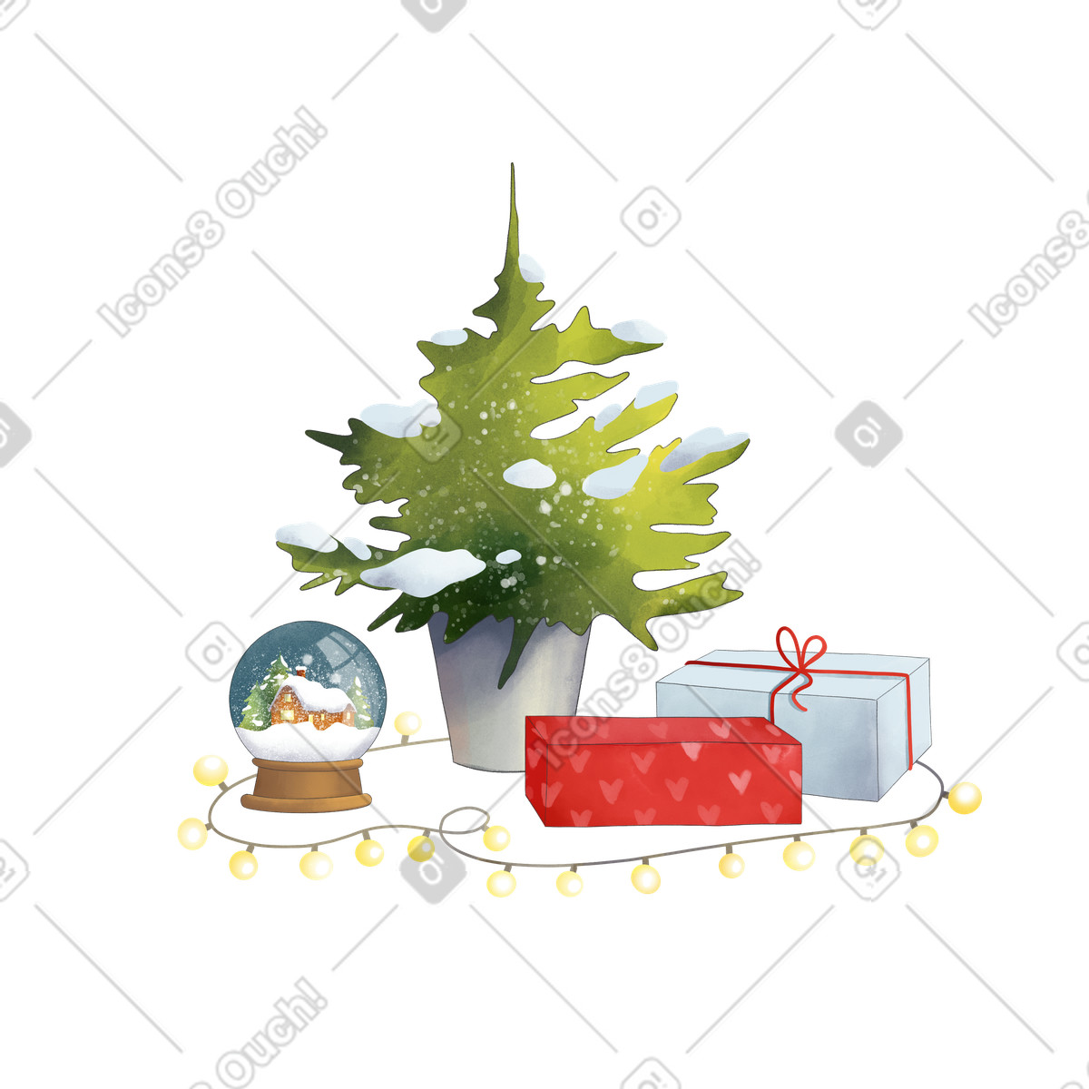 Small Christmas tree with presents and snow globe, Seasonal home decoration illustration in Seasons style download in PNG, SVG