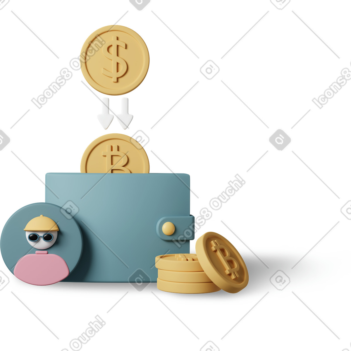 Wallet with bitcoin and dollar coins, crypto converter digital-Illustration im 3D Casual life-Stil als Download in PNG, SVG