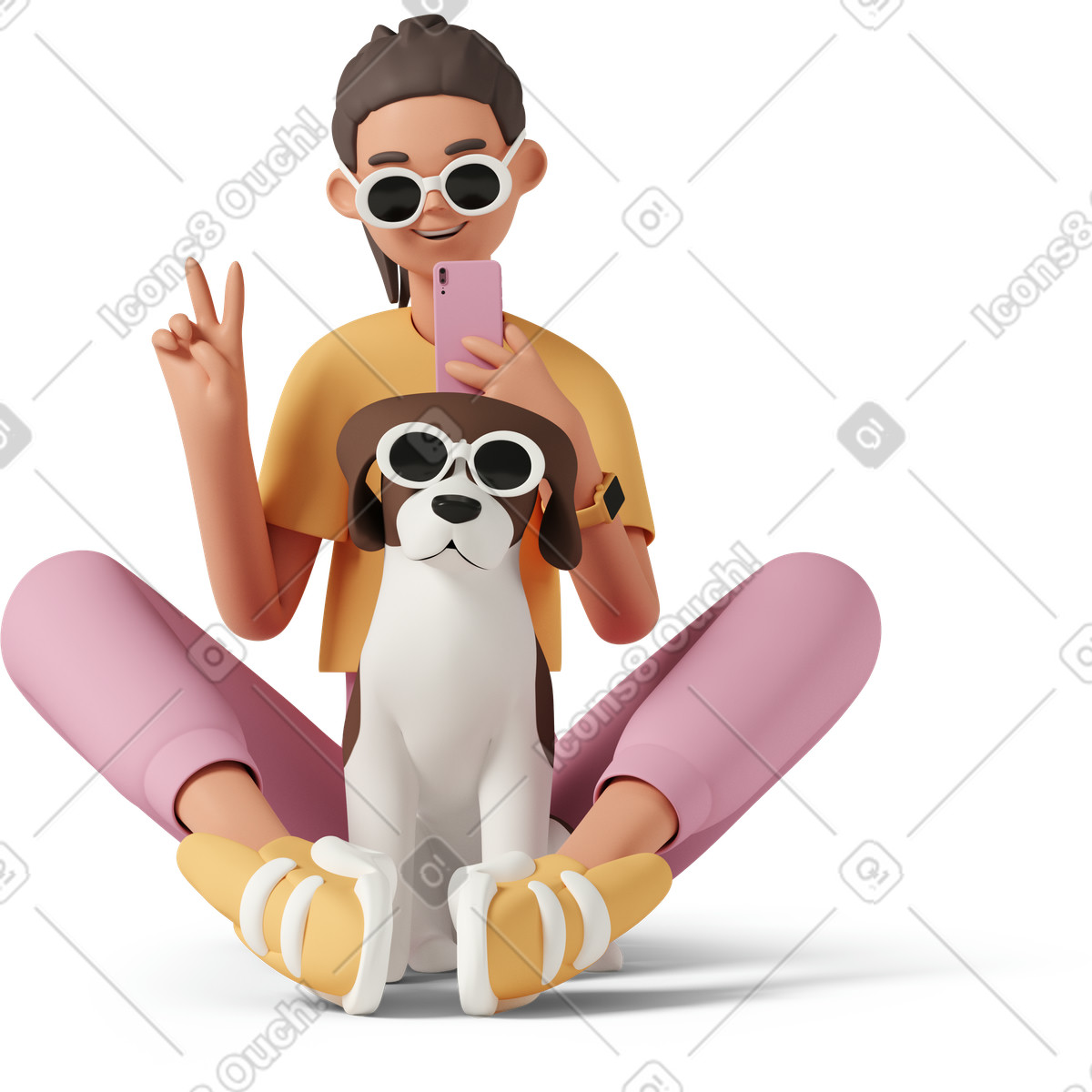 Illustration Femme prenant une photo amusante avec un chien dans le style 3D Casual life à télécharger aux formats PNG, SVG