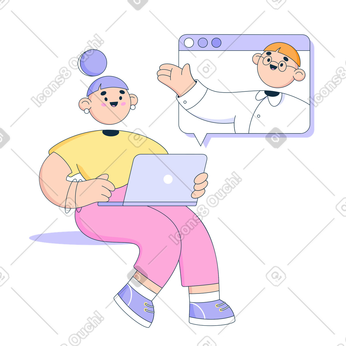 Sitzende frau unterhält sich mit ihrem chef am computer-Illustration im Bubble gum-Stil als Download in PNG, SVG
