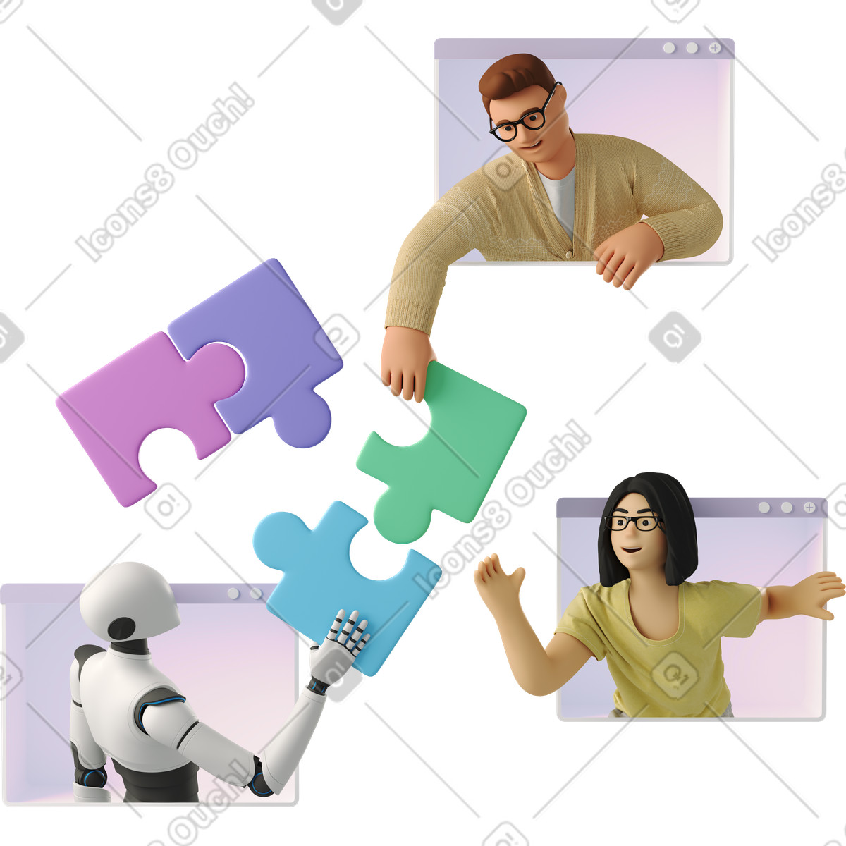 3D Business 스타일의 Robot collaborating online with colleagues exchanging colorful jigsaw puzzle pieces 일러스트레이션 PNG, SVG 다운로드