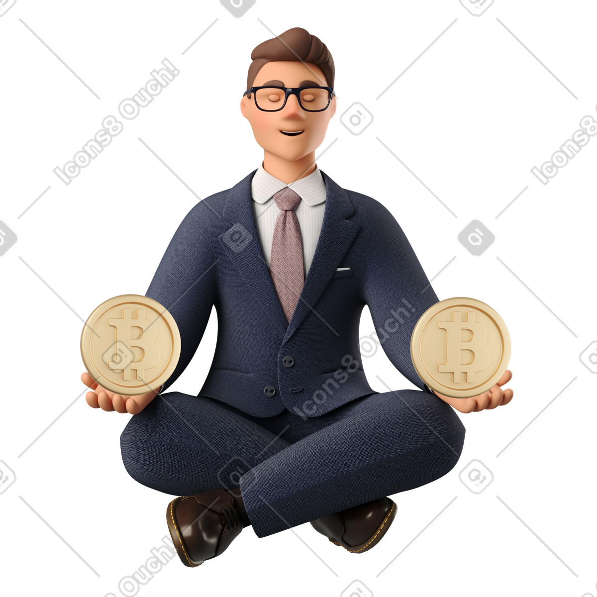Businessman meditating with bitcoins in hands illustrazione stile 3D Business scarica PNG, SVG