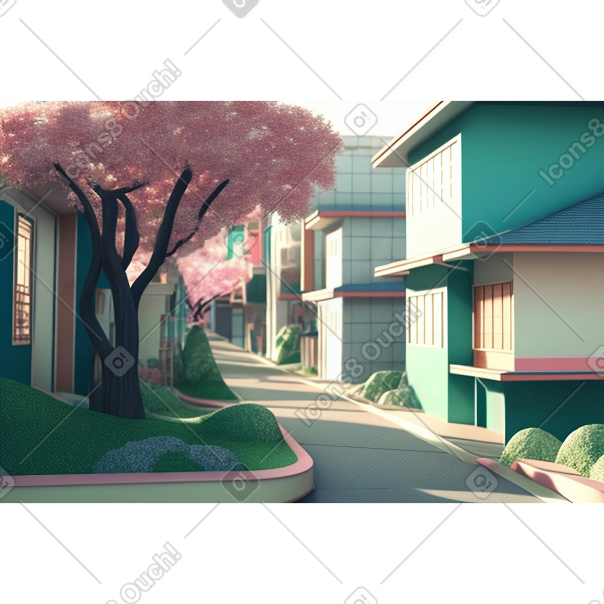 Illustration Dessin animé 3d long fond de rue étroite dans le style Experimental à télécharger aux formats PNG, SVG