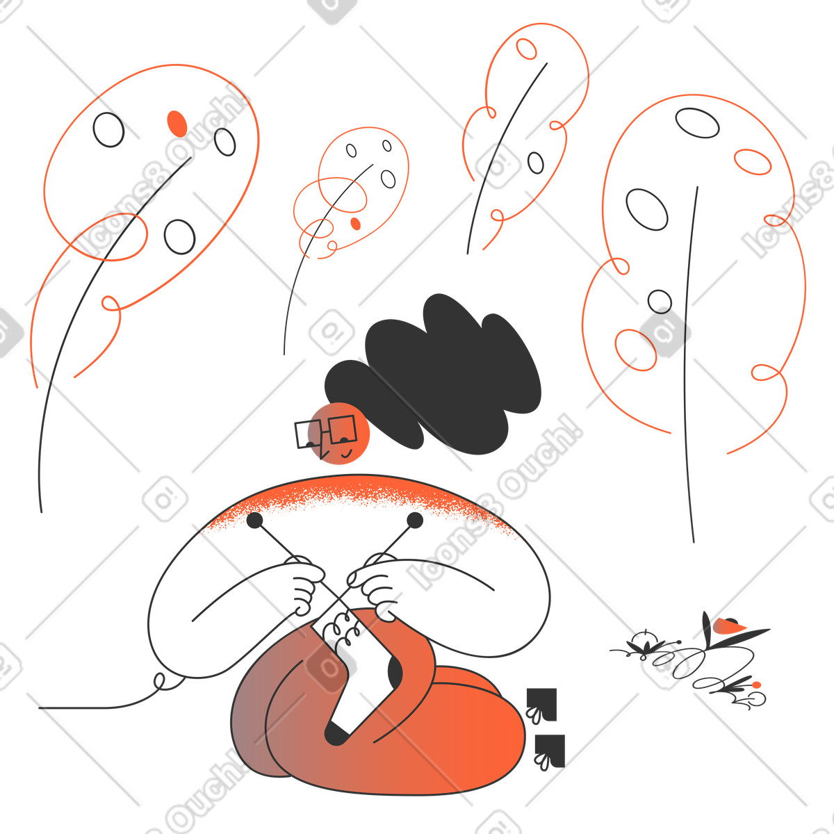 Woman knitting a sock surrrounded by trees illustration in PNG, SVG