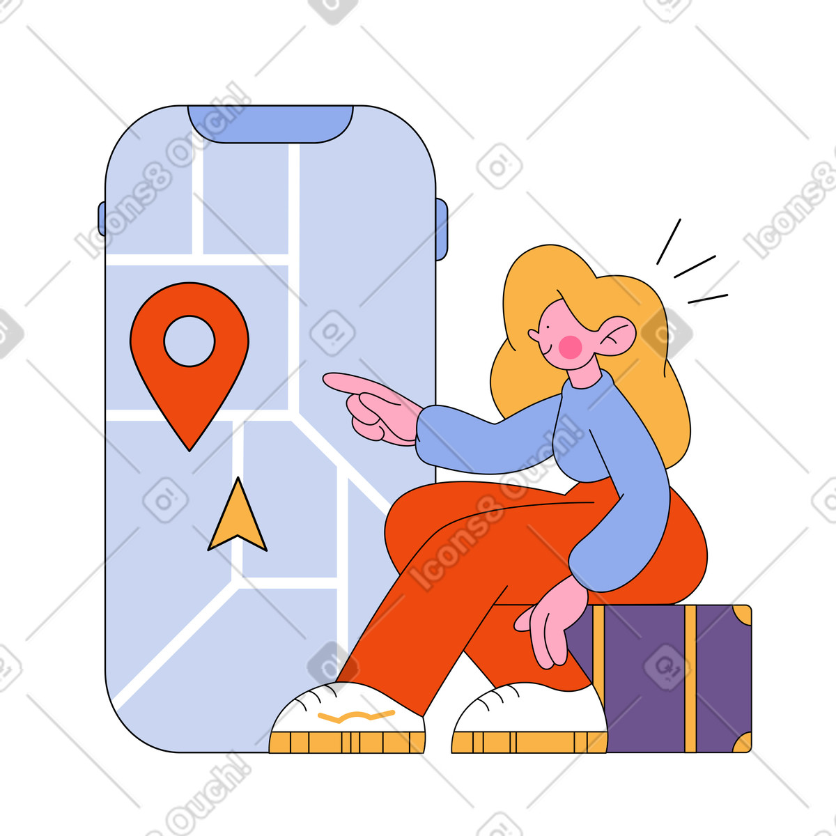 Illustration La fille s'assied sur une valise près d'un téléphone avec un navigateur dans le style Bloom à télécharger aux formats PNG, SVG