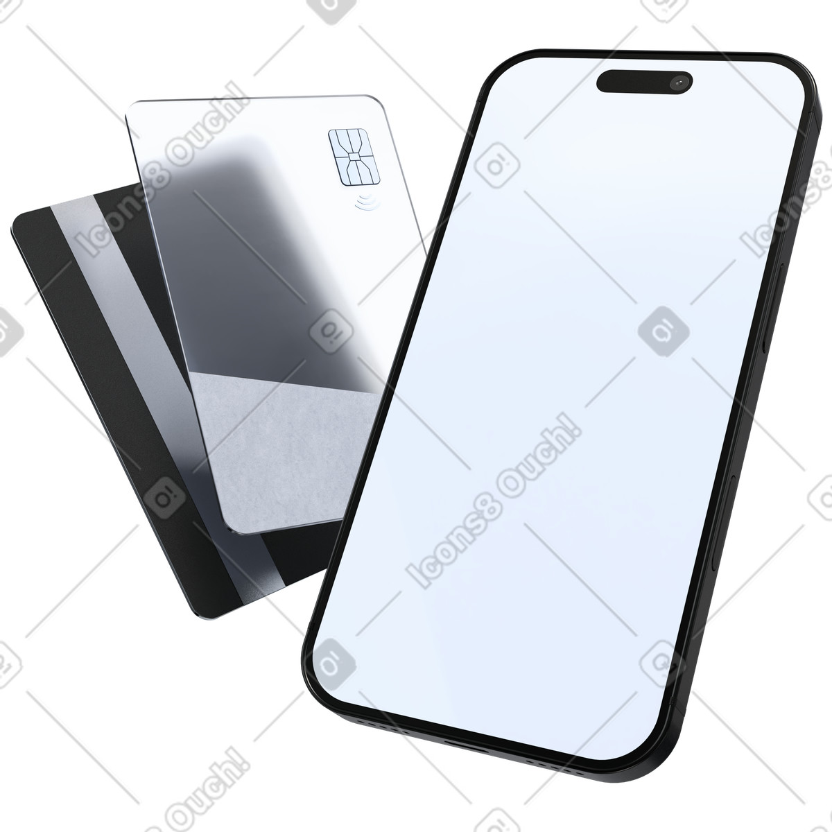 Blank smartphone with credit cards, mobile finance and digital wallet illustration in PNG, SVG