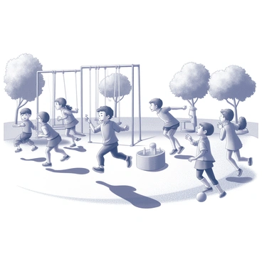 A young boy named Georgie Porgie is playing joyfully in a bustling schoolyard. He is surrounded by a group of children, all engaged in various activities. Some children are playing tag, while others are jumping rope or playing with a ball. The scene captures the excitement and laughter of the children as they interact with one another. In the background, several swings are visible, and trees line the perimeter of the playground, adding to the lively atmosphere. A large sandbox can also be seen, where a few children are building sandcastles. The overall environment is filled with energy and happiness.